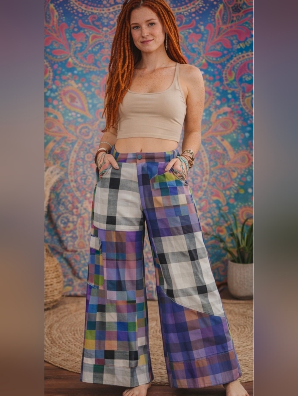 Plaid Wide-Leg Patchwork Pants - Purple Multi